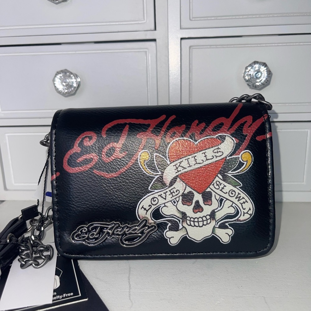 NWT Ed Hardy Black Skull Chain Clutch - Picture 6 of 10